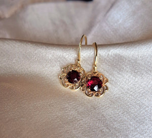 Solid 9crt Yellow gold garnet floral earrings