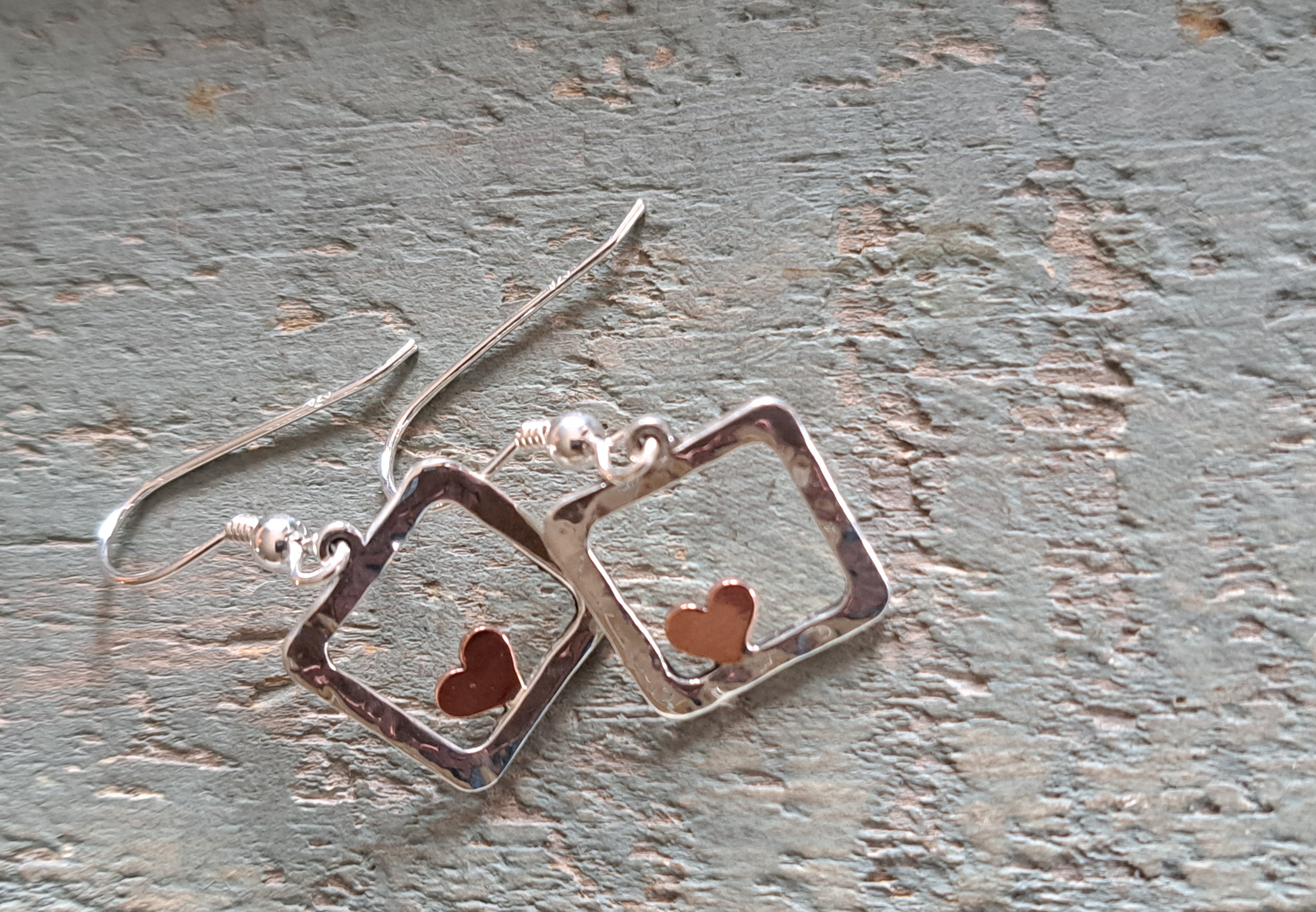 Open silver square with copper heart hook earrings