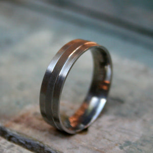 6mm Titanium flat top band band with 2mm textured line in the center. The ring is made with a matt and brushed finish and a comfort fit on the inside.