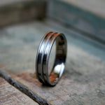 6mm Titanium with three matt band with polished grooves cut in. The ring is made with a comfort fit on the inside.
