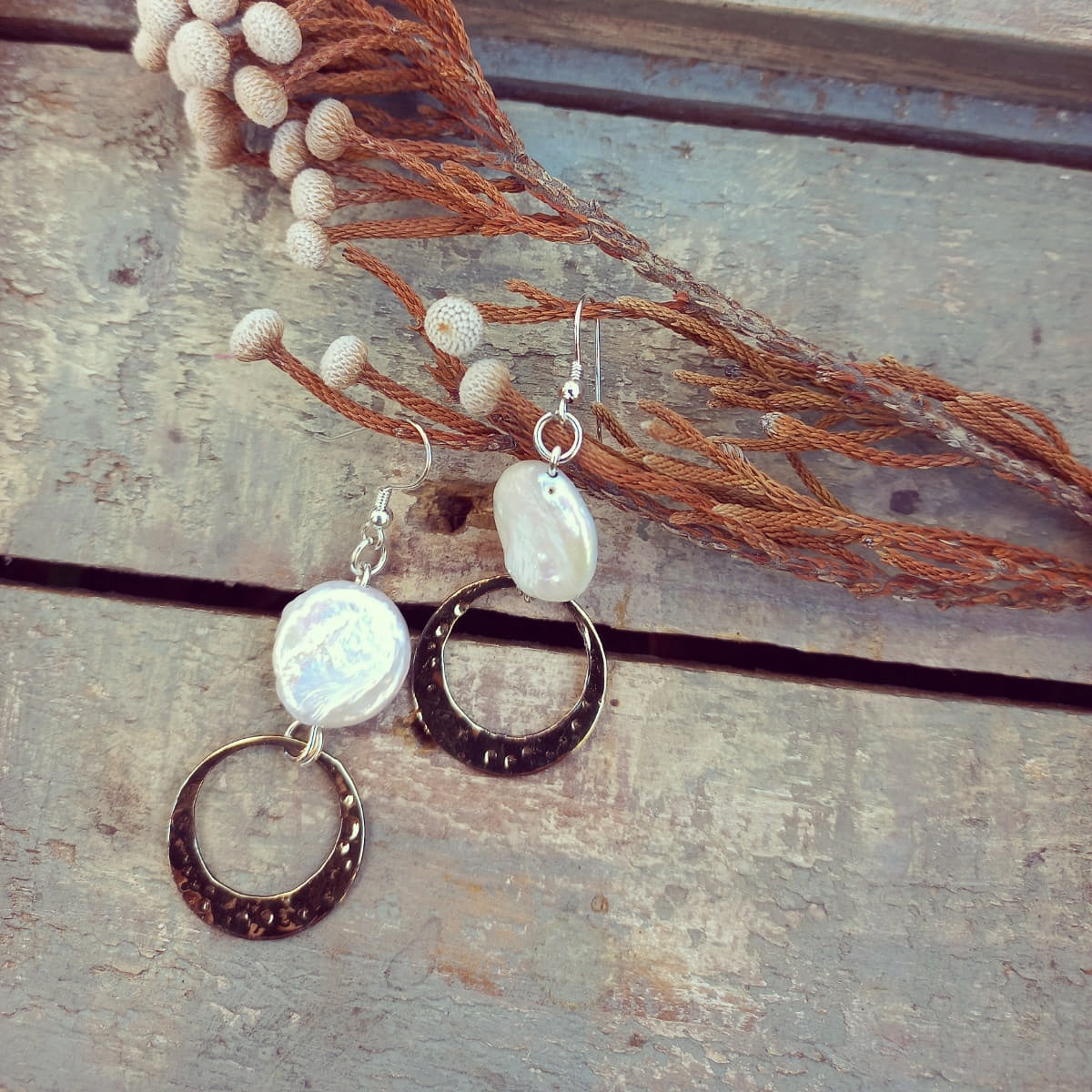 Brass and pearl Hook earring