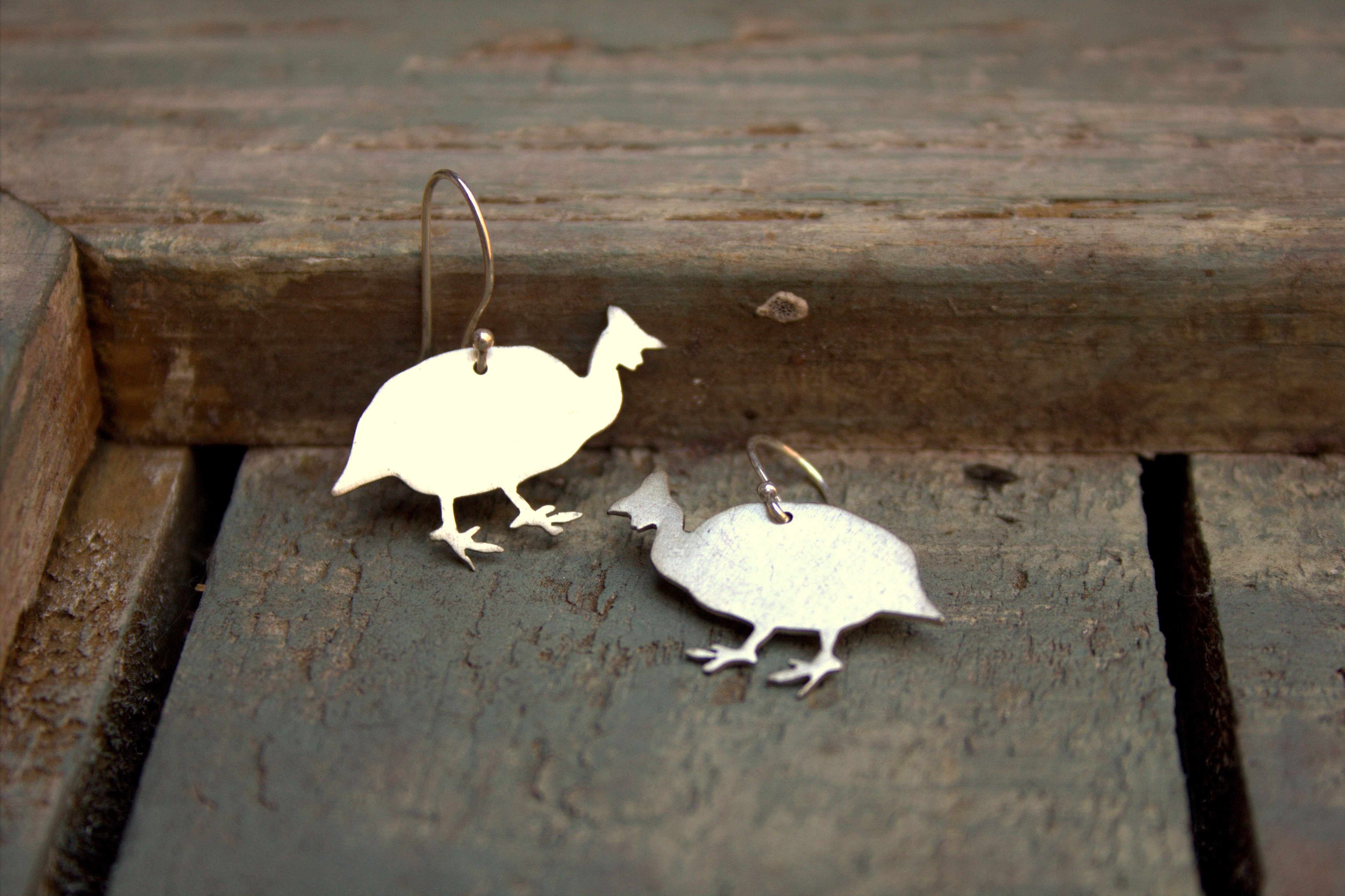 Sterling silver guinea fowl on hooks.  Please note all pieces are made on order by Erfdeel Juwele. Allow up to a week for manufacture.