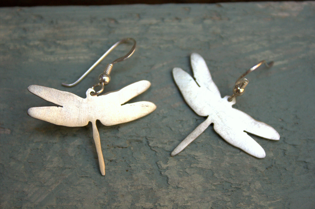Sterling silver dragonflies on short hooks.  Please note all pieces are made on order by Erfdeel Juwele. Allow up to a week for manufacture.