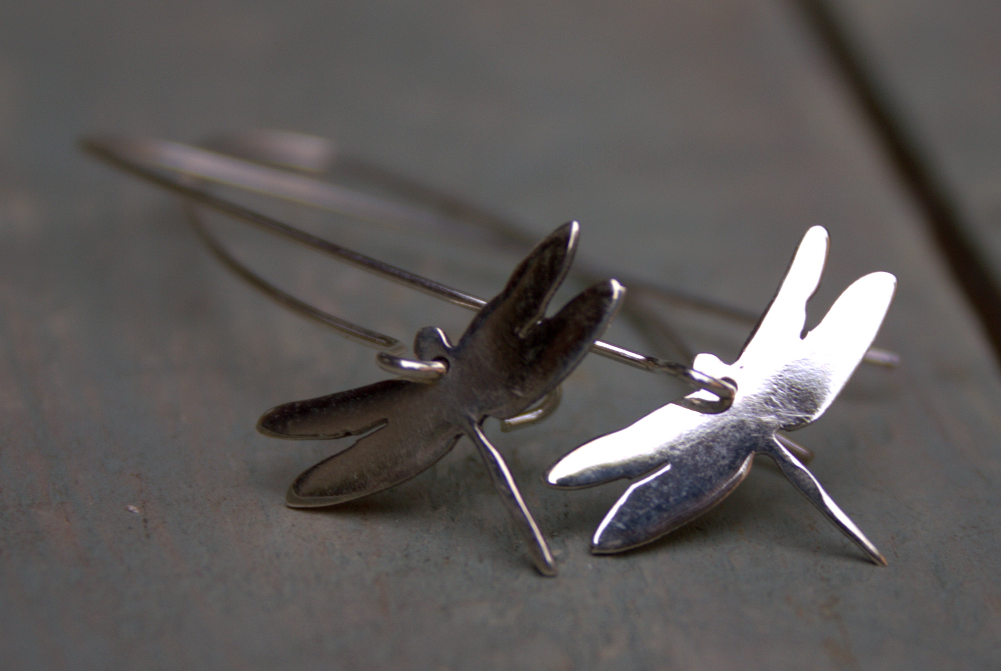 Sterling silver dragonflies on long hooks.  Please note all pieces are made on order by Erfdeel Juwele. Allow up to a week for manufacture.