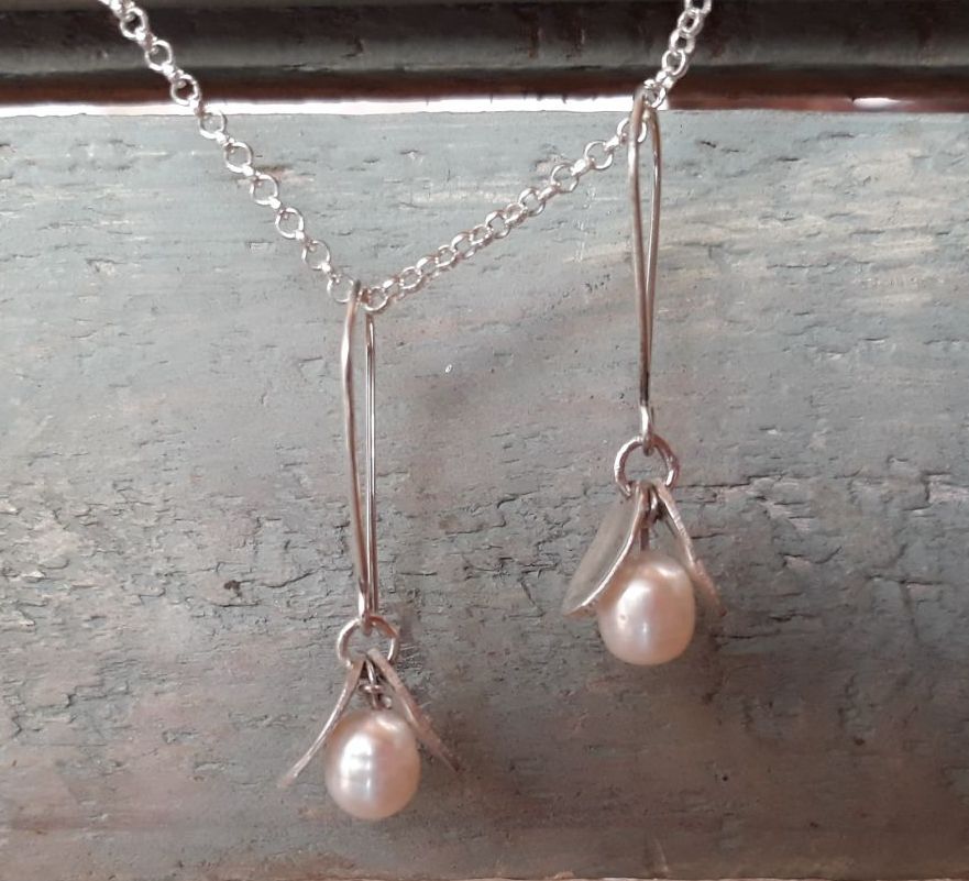 Sterling silver Lily of the Valley freshwater pearl hook earrings.  All pieces are made on order by Erfdeel Handgemaakte Juwele. Please allow up to two weeks for manufacture.