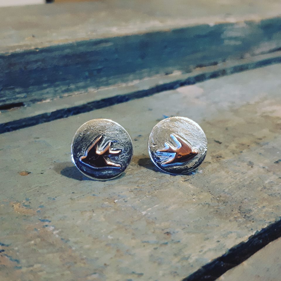 Sterling silver 16mm disc studs with small silver or copper swallows  Please note all pieces are made on order by Erfdeel Juwele. Allow up to one week for manufacture.